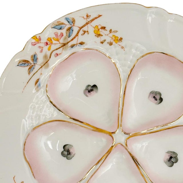 Victorian Late 19th Century Antique German Porcelain Oyster Plate Hand-Painted Pink & Gold Floral For Sale - Image 3 of 6