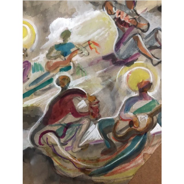 Watercolor of musicians playing instruments, probably a portion of a mural or painting called "Singing to the Moon."...