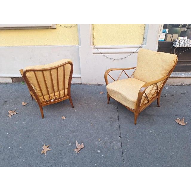 Mid-Century Modern Armchairs in Wood and Yellow Fabric from Paolo Buffa, 1940s, Set of 2 For Sale - Image 3 of 13