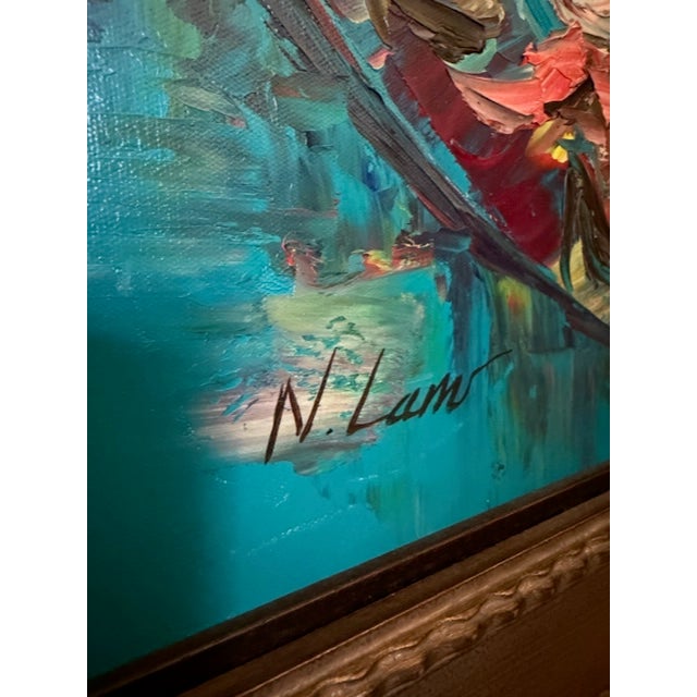 Abstract 1980's Large Abstract Expressionist Harbor Scene Original Oil on Canvas, Signed Nguyen Lam, 48" by 36" For Sale - Image 3 of 6
