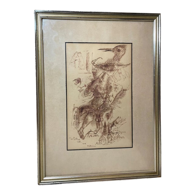 Original 1968 Signed Chaim Gross Pen and Ink Drawing Abstract Surrealism Sketch For Sale