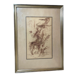Original 1968 Signed Chaim Gross Pen and Ink Drawing Abstract Surrealism Sketch