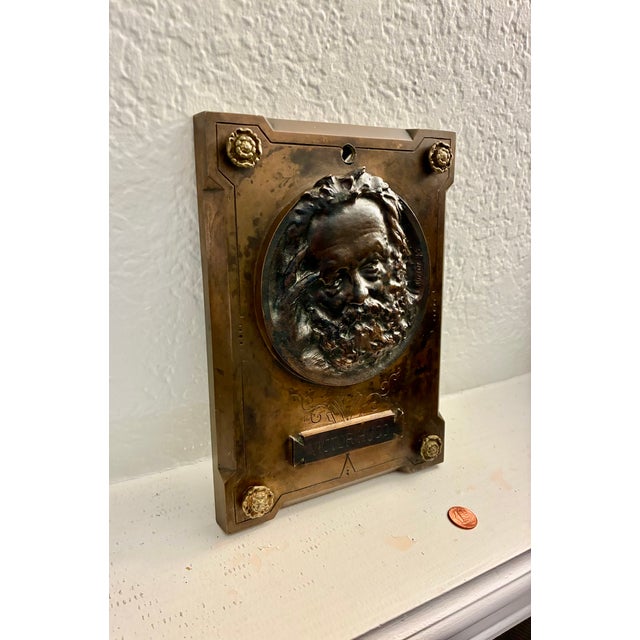 Rustic European Antique 1885 French Heavy Cast Bronze Plaque – Victor Hugo High Relief Sculpture by René Rozet For Sale - Image 3 of 10