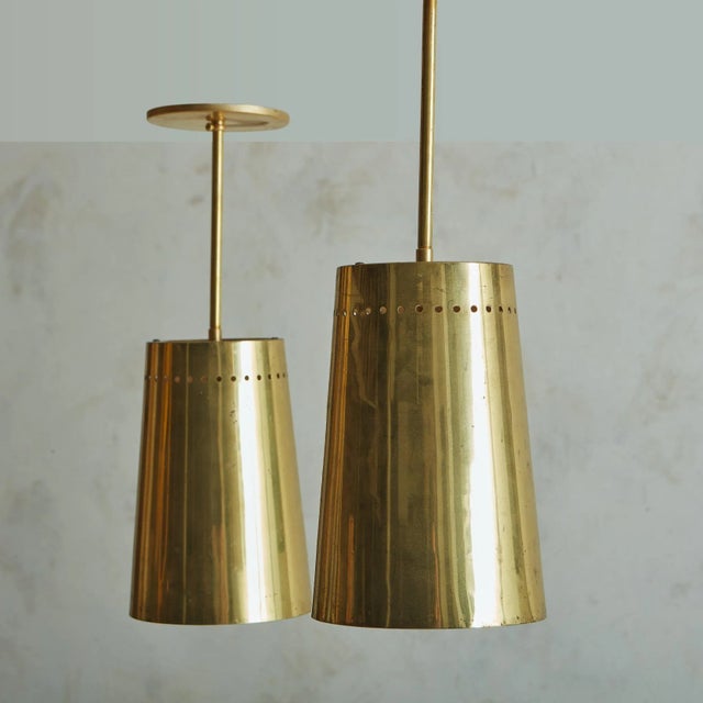 Mid 20th Century Vintage Brass Pendant Light with Perforated Trim For Sale - Image 5 of 11