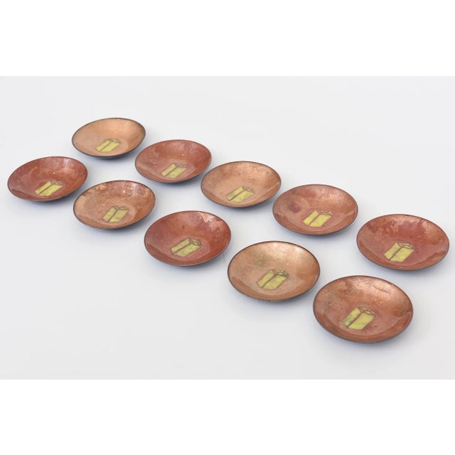 This set of 10 vintage fabulous sculptural enamel over copper serving bowls or small dishes are from the 60's. They are 2...