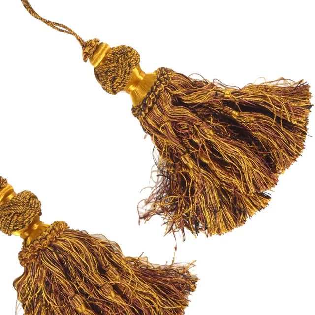 A pair of vintage double tassel tie-backs in hand-tied magenta, Brwon, yellow gold and viridian silk threads. Purchased in...