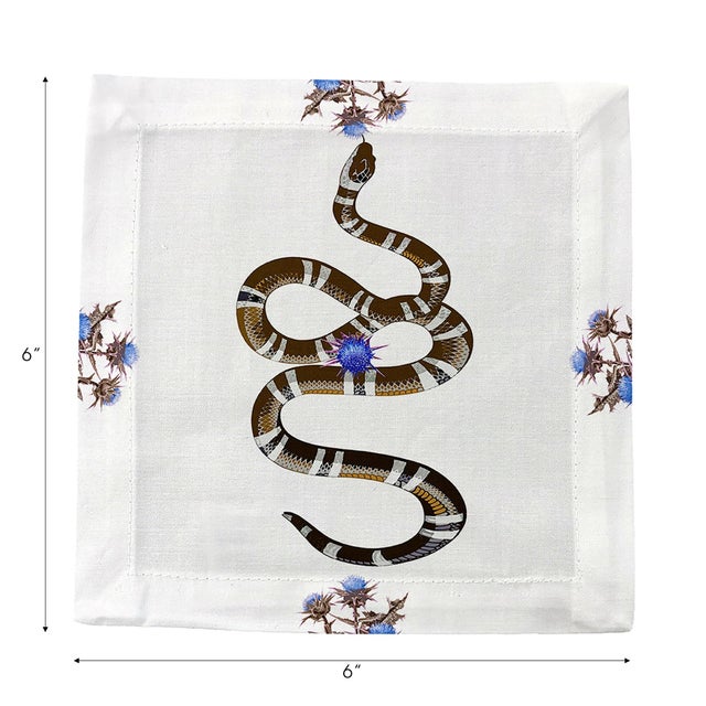 Thistle And Snake Cotton Sateen Cocktail Napkins in Blue White, Set of 4 For Sale - Image 4 of 6
