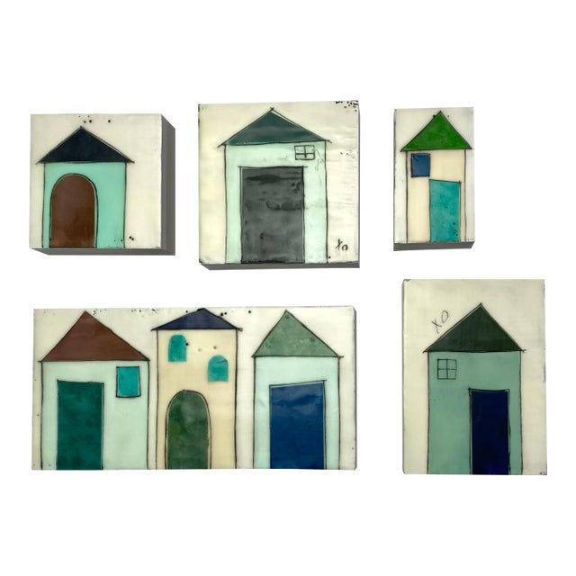 Encaustic Collage Installation by Gina Cochran "Tiny Dwellings" Series - Seaside - Set of 5 For Sale
