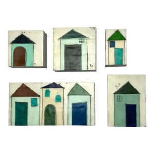 Encaustic Collage Installation by Gina Cochran "Tiny Dwellings" Series - Seaside - Set of 5