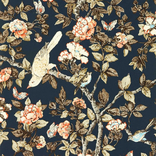 Sanderson Caverley Wallpaper in Indigo Blue/Rowan Berry - a Sample For Sale