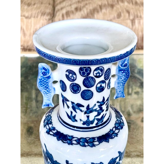 Mid 20th Century Chinese Meiping Blue and White Vase With Fish Handles For Sale - Image 5 of 12