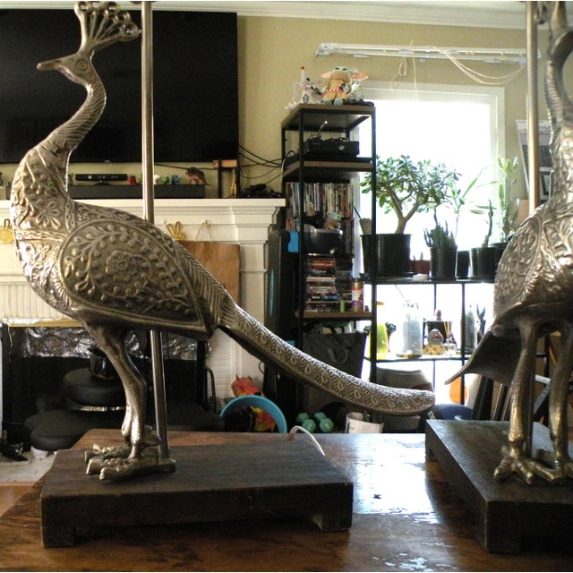 Gorgeous Ornate Medium Sized Aluminum Peacock Table Lamps For Sale - Image 4 of 10