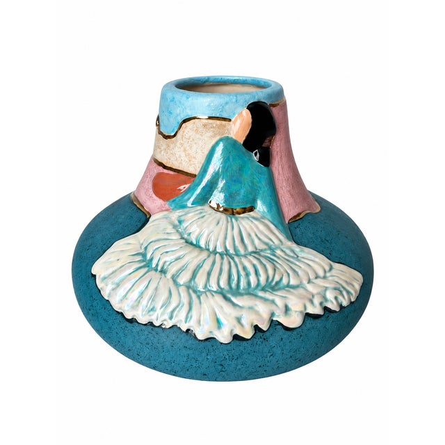 Vintage Southwestern Turquoise Ceramic Vase With Sculpted Woman and Iridescent Skirt For Sale - Image 13 of 13