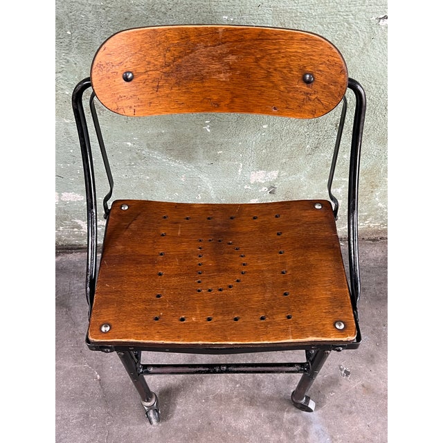 Rare Antique Early DoMore Industrial Rolling Metal Plywood Work Chair Stool For Sale - Image 4 of 12