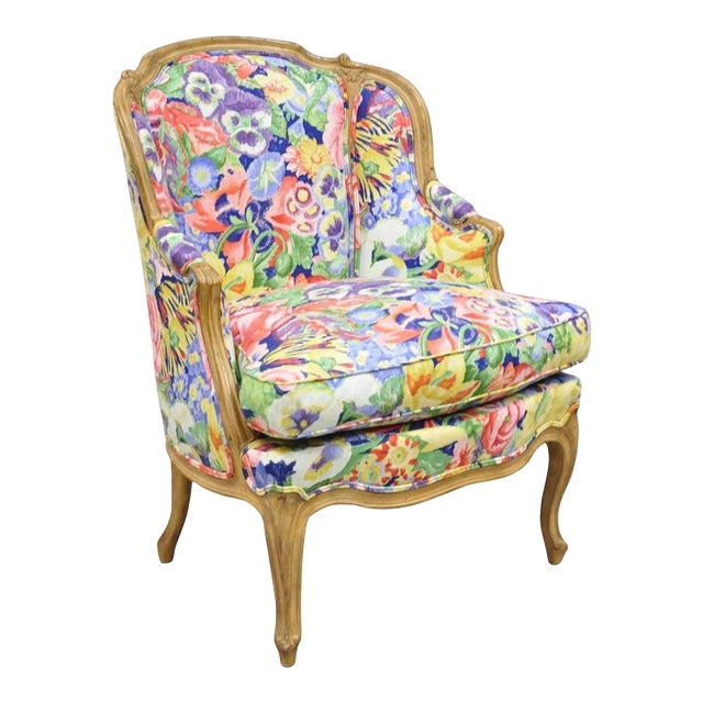 Vintage French Louis XV Country Provincial Floral Chintz Bergere Lounge Chair For Sale