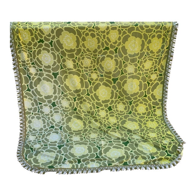 Vintage Bates 60’s - 70s Petal Flowers Grassy Green Yellow Cotton Twin Bedspread with Fringe Edges For Sale