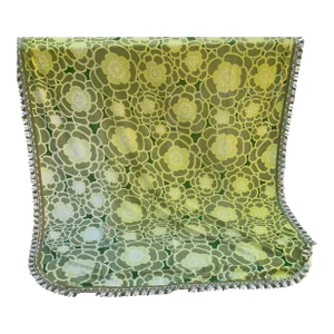 Vintage Bates 60’s - 70s Petal Flowers Grassy Green Yellow Cotton Twin Bedspread with Fringe Edges