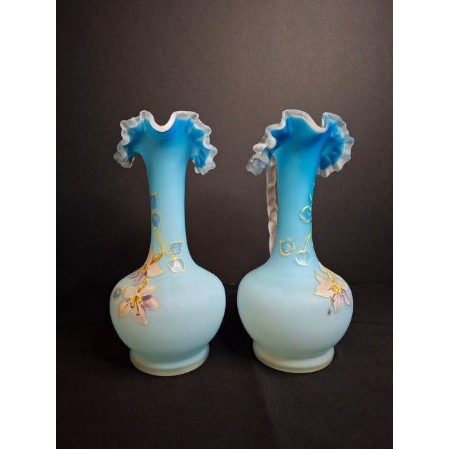 Antique Pair Victorian Blue Satin Cased Glass Pitcher Ewers Hand Painted Orchids Frosted Coral Branch Handles Ruffled Rim - a Pair For Sale - Image 4 of 18