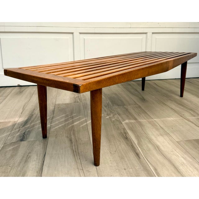 Vintage Scandinavian Modern Slatted Wood Bench Made in Yugoslavia For Sale - Image 4 of 13