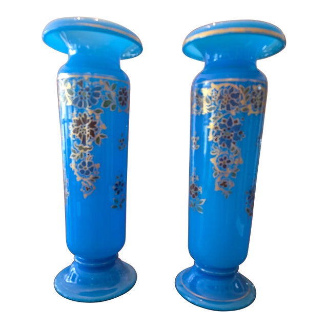 Antique Baccarat Attributed Pr Opaline Vases Turquoise For Sale