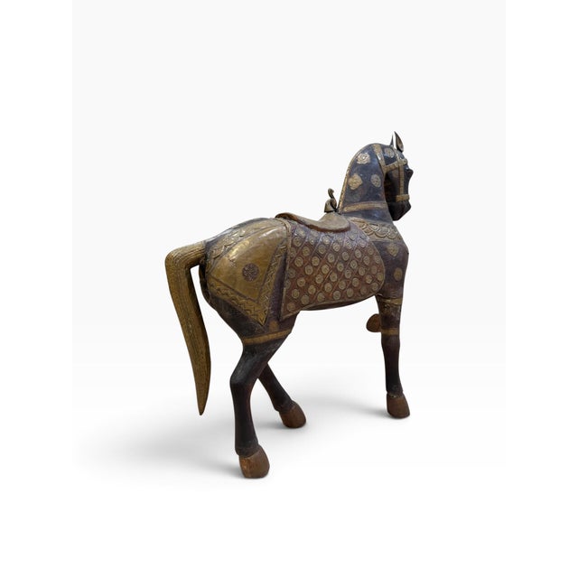 Indian Grand 38" Vintage Rajasthani Hand-Carved Wooden Horse With Hammered Brass & Copper Cladding For Sale - Image 3 of 11