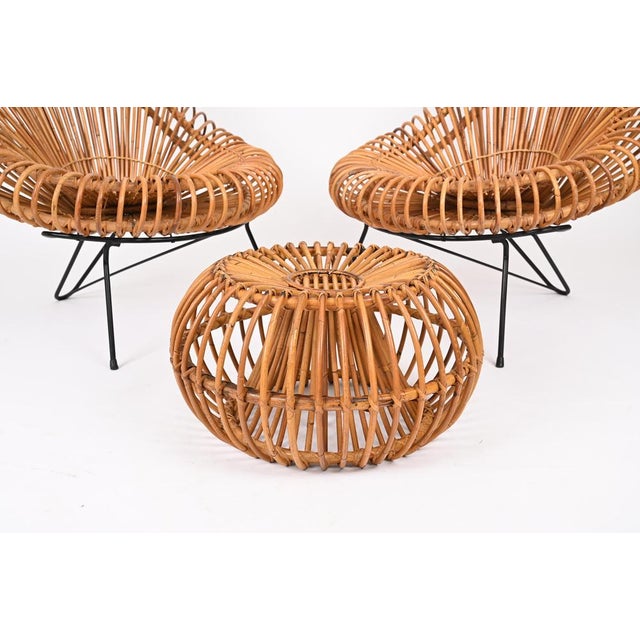 Rattan Chairs, Pouf and Mirror attributed to Janine Abraham & Dirk Jan Rol, 1960s, Set of 4 For Sale - Image 4 of 18