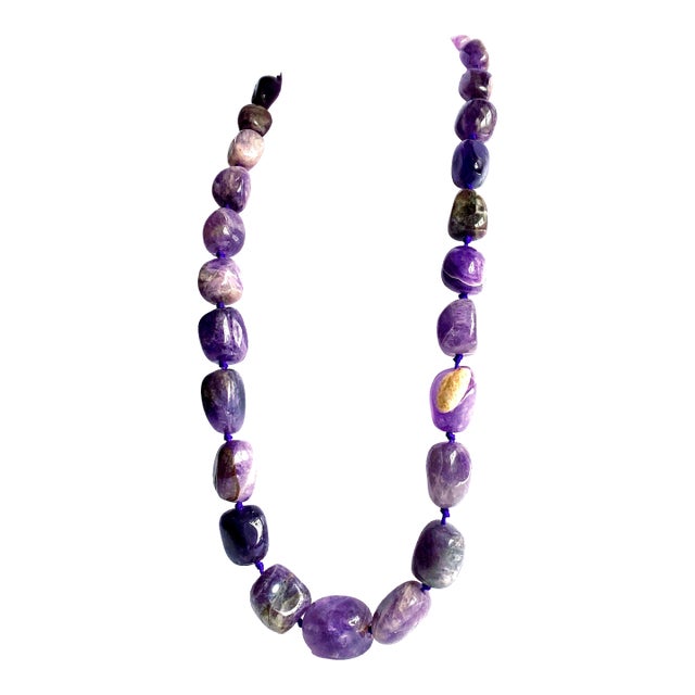 Large Amethyst Statement Necklace | Oversized Purple Gemstone Beads | Knotted Silk Cord | 304 Stainless Steel Clasp For Sale