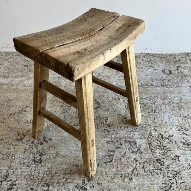 Mid 20th Century Vintage Antique Elmwood Stool With Curved Seat For Sale - Image 5 of 8