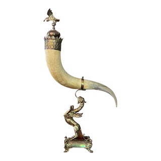French Circa 1860 Large Drinking Horn Trophy With Heavy Brass Standing Gryphon For Sale