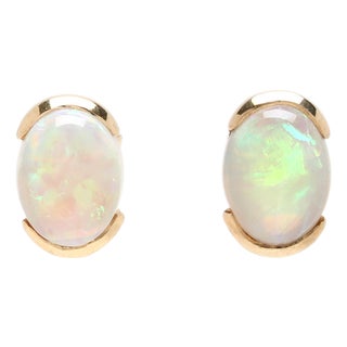 Oval Opal Stud Earrings, 18k Yellow Gold, Length 9.2 Mm For Sale