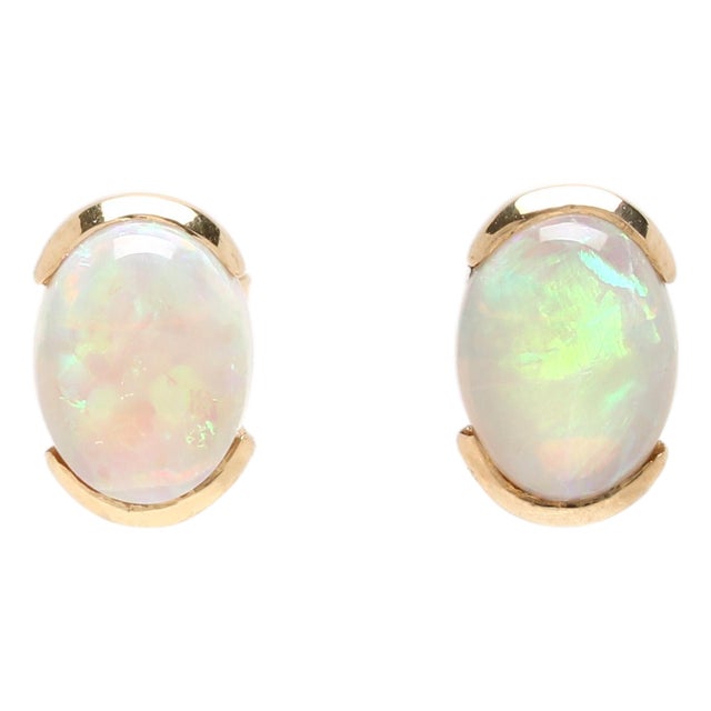 Oval Opal Stud Earrings, 18k Yellow Gold, Length 9.2 Mm For Sale