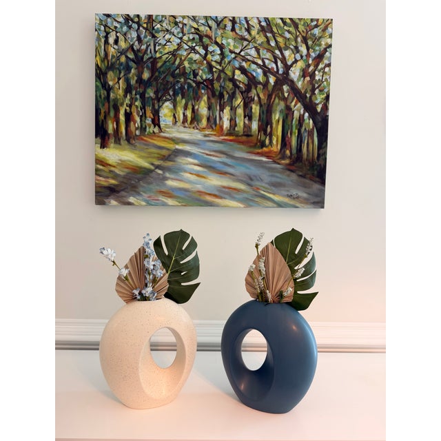 Blue Pair of Portuguese Modernist Sculptural Donut Vases by Sporvil Ceramics | Blue & Speckled White For Sale - Image 8 of 8
