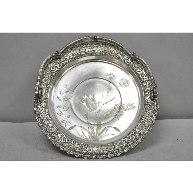 Early 20th Century Meriden Art Nouveau Silver Plated Floral Repousse Bread Pastry Brides Basket For Sale - Image 16 of 17