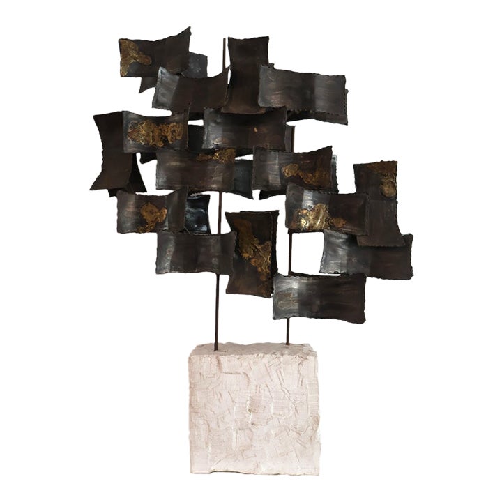 Brutalist Torch-Cut Brass Tabletop Sculpture on Plaster Base, Silas ...