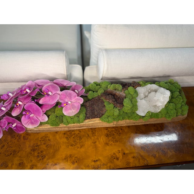 Botanical mixed potted arrangement in like-new condition, featuring elegant purple orchids paired with striking geode...