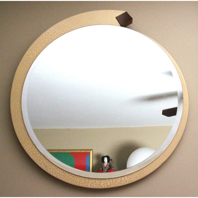 Stunning clever design signed 1989 limited edition Round Mirror by craftsman L. Weitzman in stunning ivory crackle finish...