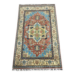 Terracotta Persian Style Heriz Wool Rug With Blue Accents, 3'11" X 6'3" For Sale