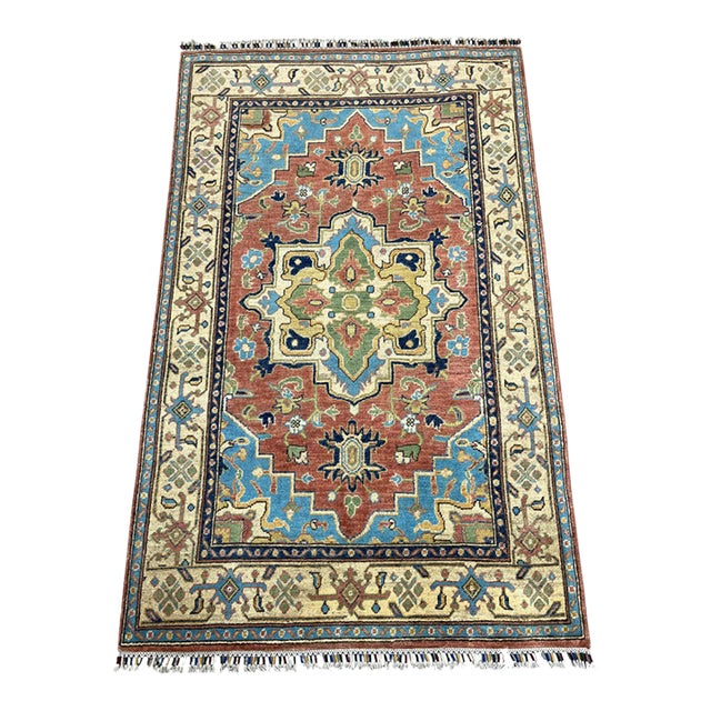 Terracotta Persian Style Heriz Wool Rug With Blue Accents, 3'11" X 6'3" For Sale
