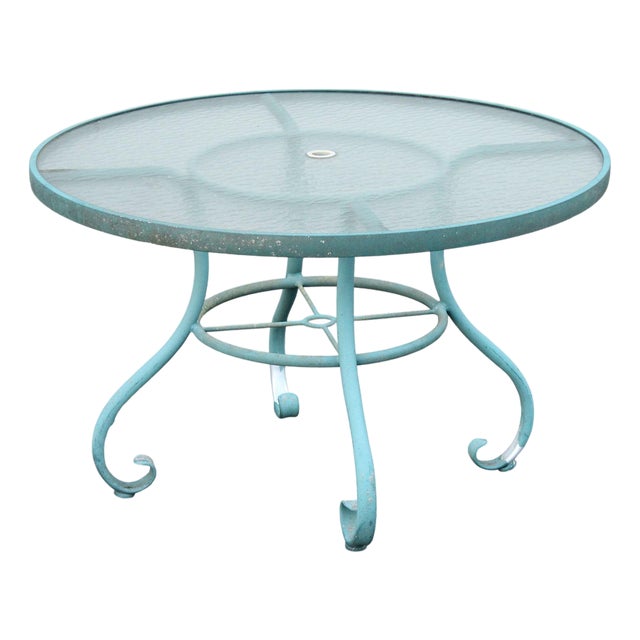 Woodard Round Glass Top Outdoor Patio Dining Table For Sale