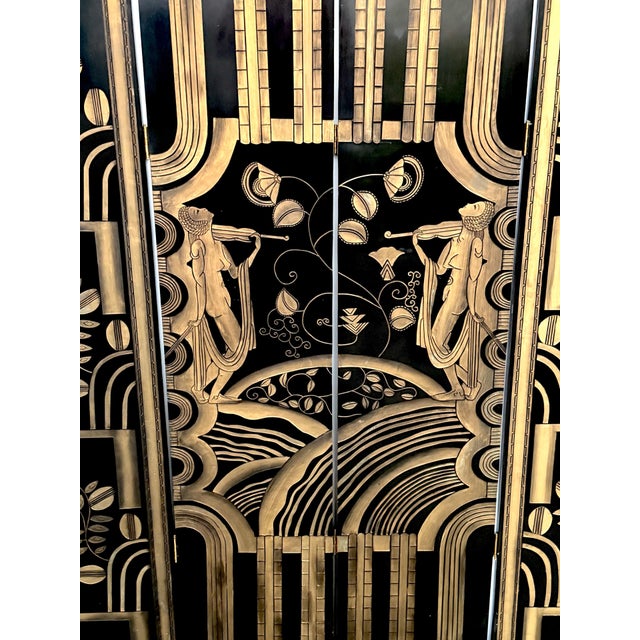 Black Art Deco 4-Panel Black Lacquer & Gilt Screen, Attributed to Paul Fehér, 20th C. For Sale - Image 8 of 14