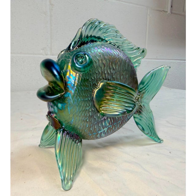 Glass Vintage Hand Blown David Tate Studio Glass Iridescent Green Gold Fish Sculpture For Sale - Image 7 of 15