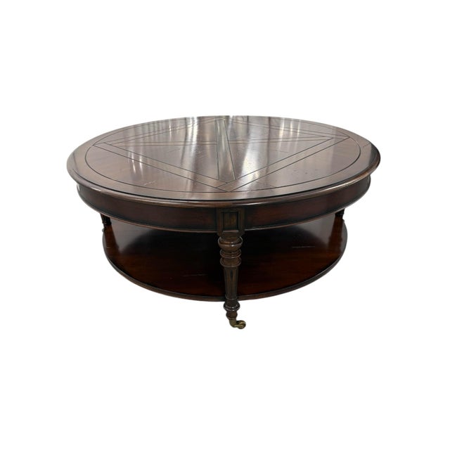 Round Inlaid Wood Two-Tier Coffee Table on Brass Casters For Sale - Image 9 of 9