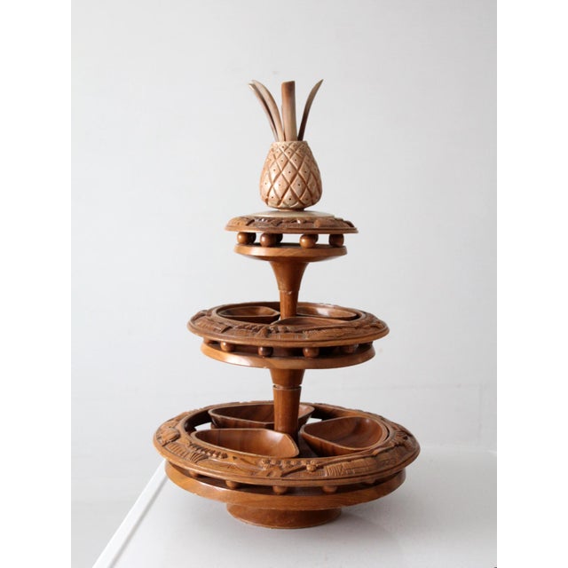 Vintage Mid-Century Carved Wood Tiered Lazy Susan With Pineapple Finial For Sale - Image 12 of 17