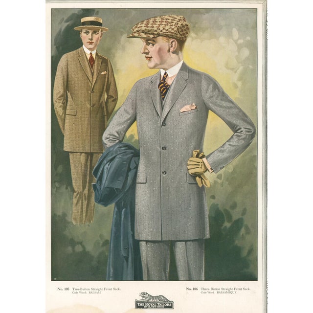 Original vintage men’s fashion advertising plate from The Royal Tailors, 'In 10,000 Cities.' Features No. 105, a two-...