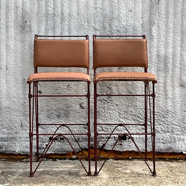 1970s Vintage 1970's Brutalist Leather Bar Stool After Ilana Goor - a Pair For Sale - Image 5 of 7