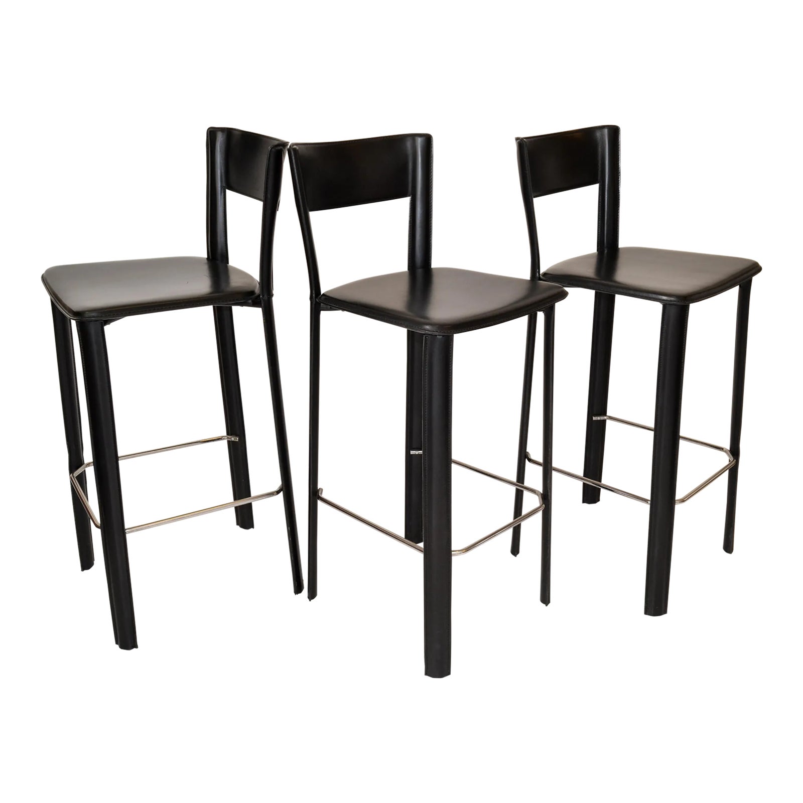 Frag Mario Bellini Style Hand Made Black Leather Chrome Bar Stools
