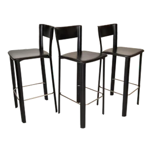Frag Mario Bellini Style Hand Made Black Leather Chrome Bar Stools - Set of 3