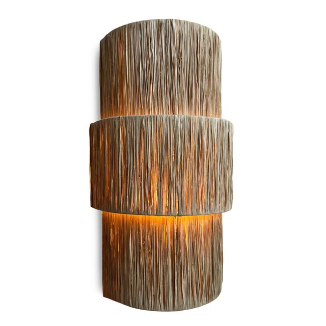 Organic modern natural grass wrapped wall sconce. Rounded simple tiered design. Hand crafted with natural variations in...