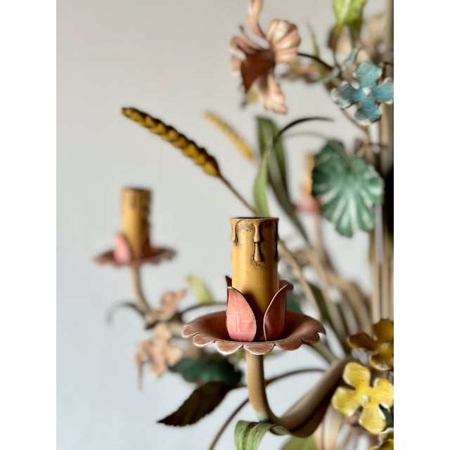 French Polychrome Floral and Wheat Tole 5-Light Chandelier, 1960s For Sale - Image 13 of 18
