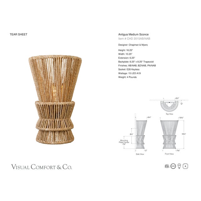Modern Chapman & Myers for Visual Comfort Signature Antigua Medium Sconce in Antique-Burnished Brass and Natural Abaca For Sale - Image 3 of 4